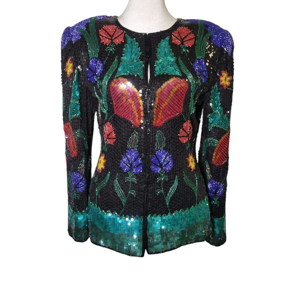 Vtg SCALA Silk Beaded Sequin Jacket S Floral Art Nouveau Evening Maximalism Glam